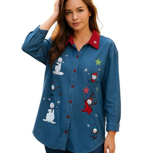 Vintage Bobbie Brooks Shirt Womens 22W-24W Denim Blue Applique Holiday Christmas
